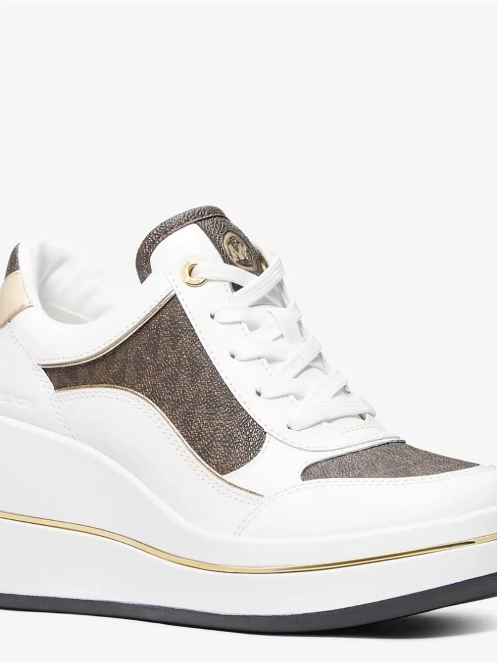 Michael Kors Size 8 Brown Emmy Signature Logo Leather Wedge Trainer New In Box